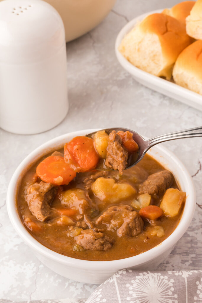 spoon and bowl with beef stew