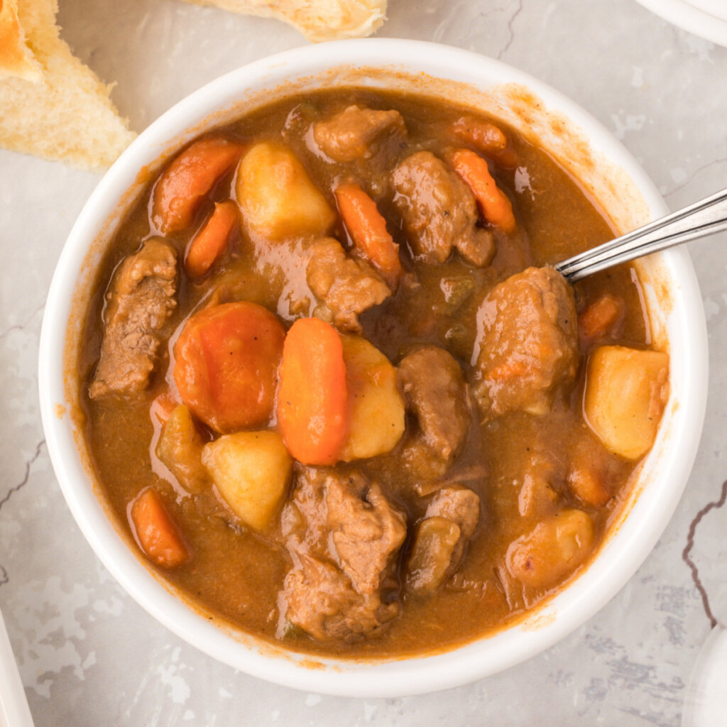 closeup bowl beef stew