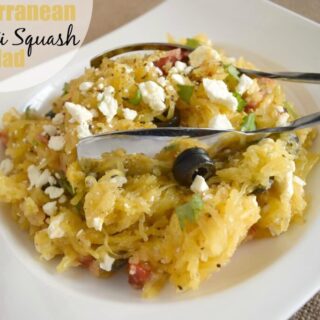 Mediterranean Spaghetti Squash in a white bowl.