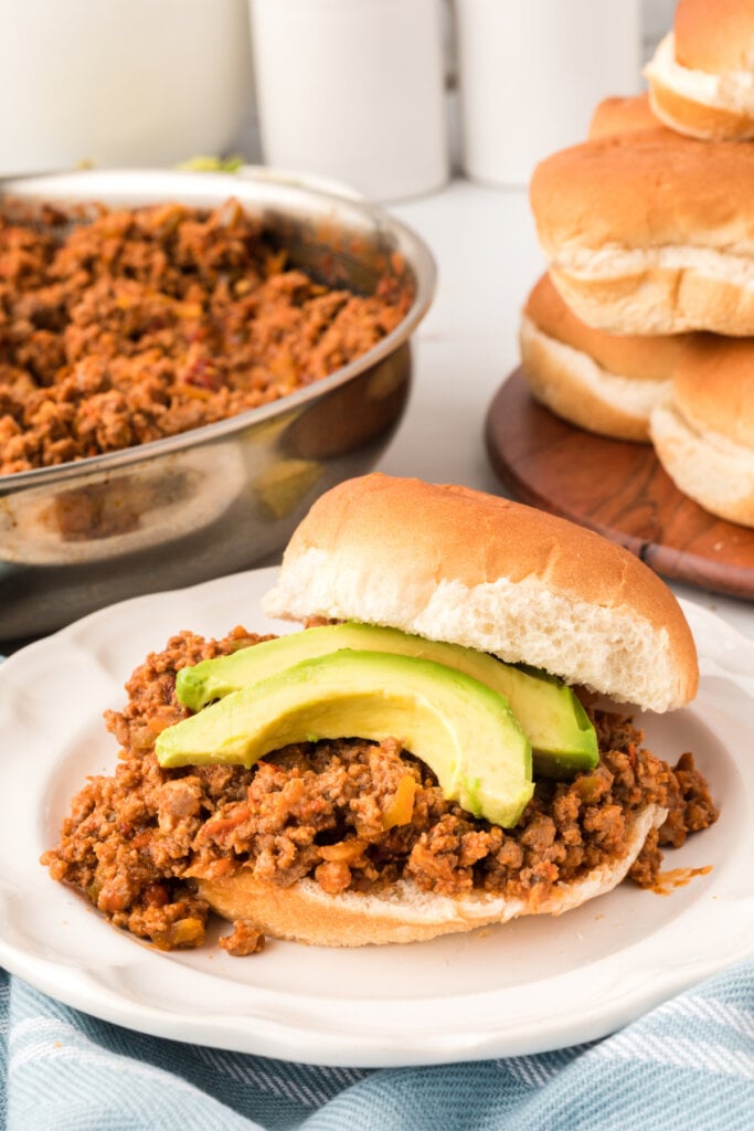 Sloppy José Sandwiches with sliced avocado on plate