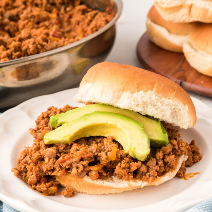 sloppy jose sandwich with avocado slices