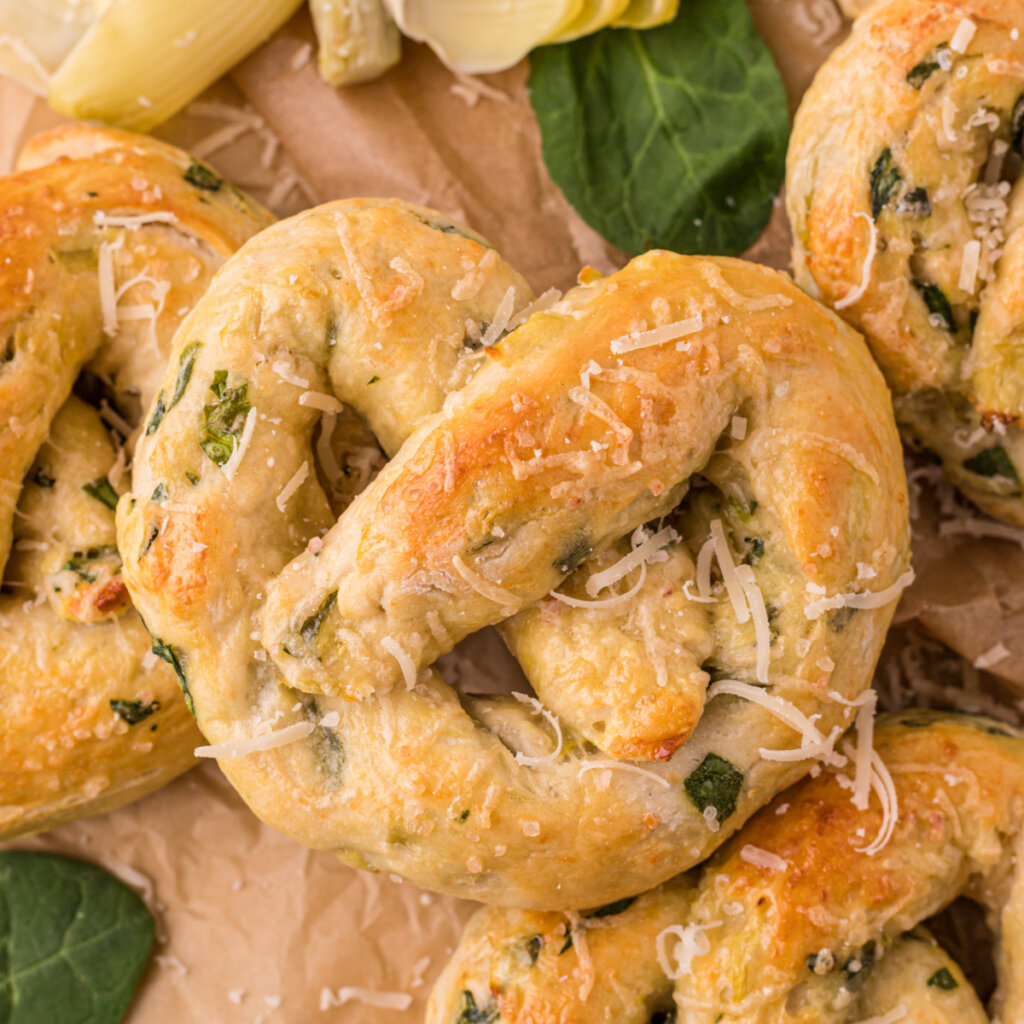 close up of Spinach Artichoke Pretzels