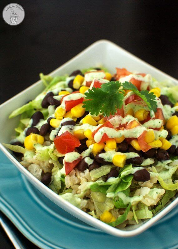 Burrito Bowls with Light Tomatillo Ranch Dressing in a bowl.