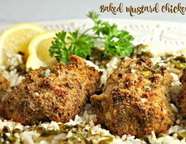 Baked Mustard with Lemon Caper Rice on a plate with lemon slices.