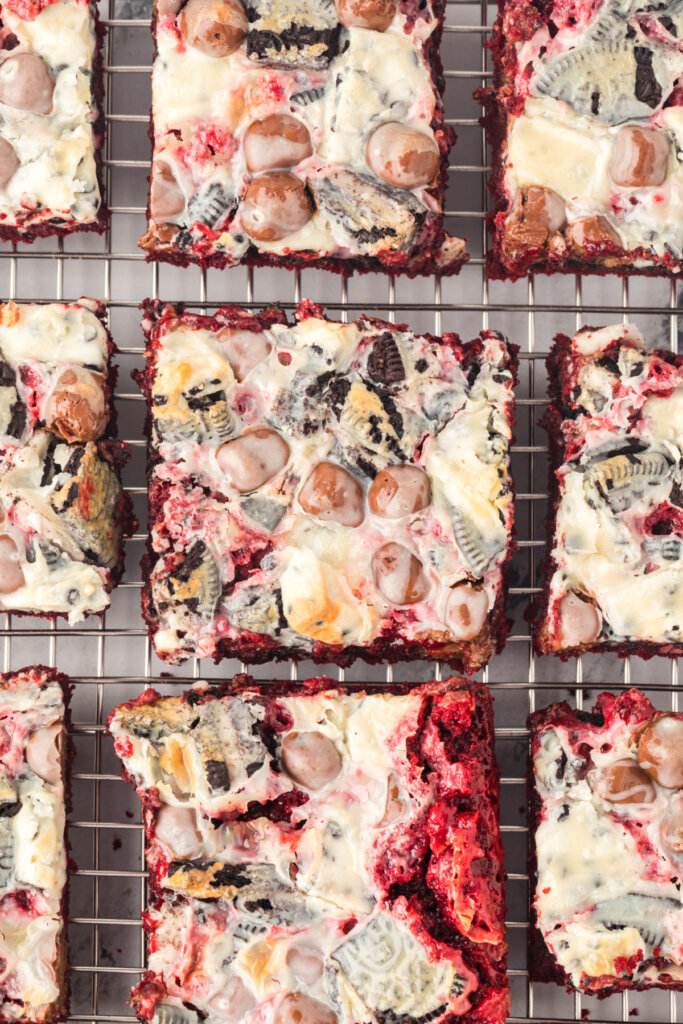 closeup of cut red velvet bars on cooling rack