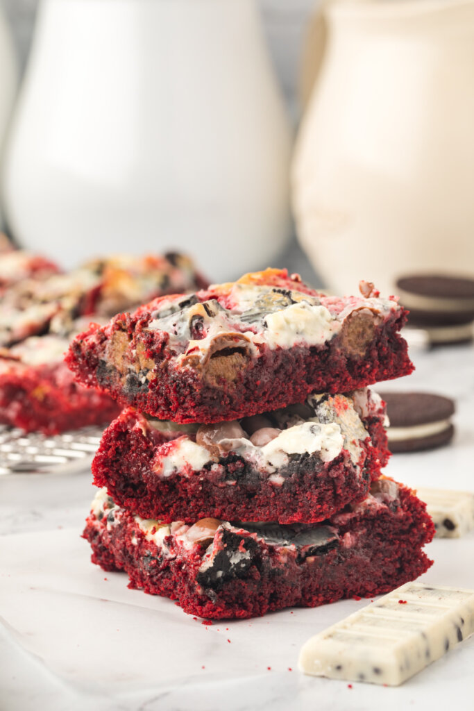 three red velvet cookie bars stacked