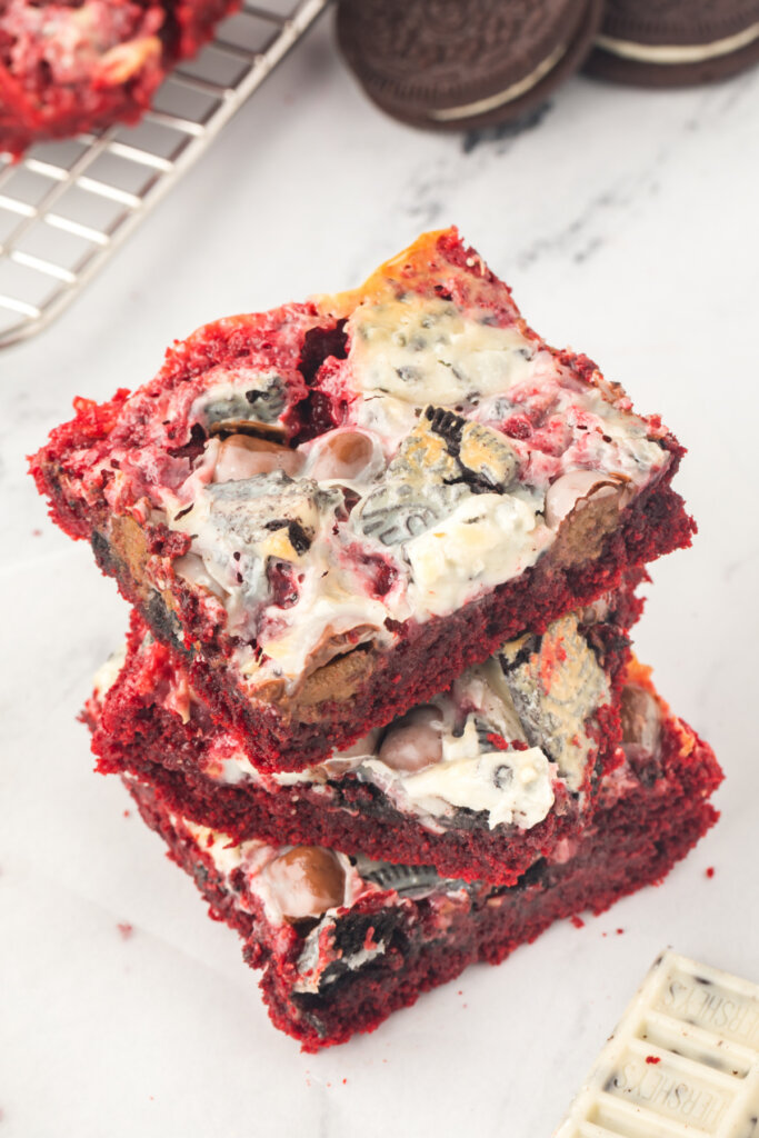 looking down onto a stack of red velvet bars