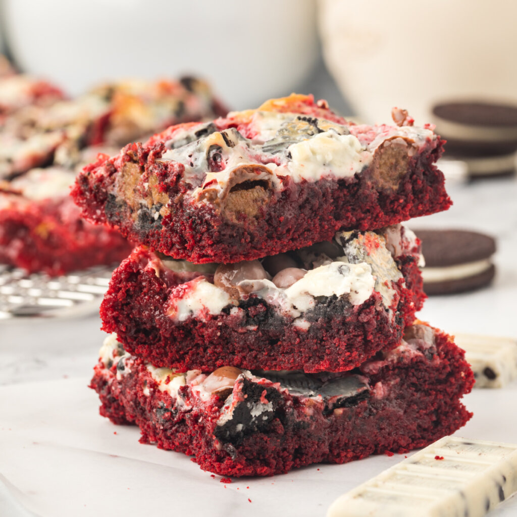 three red velvet bars stacked