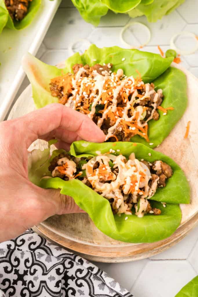 hand holding an Asian Pork Lettuce Wrap filled with seasoned pork, carrots, and sauce