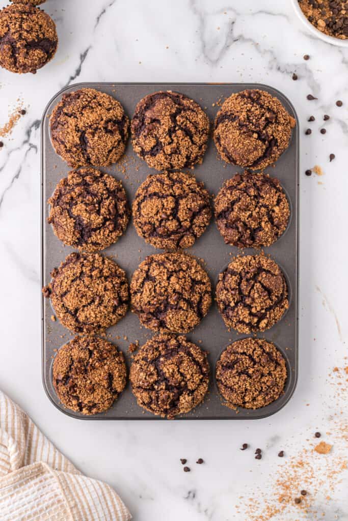 Freshly baked Chocolate Streusel Muffins with crunchy streusel topping