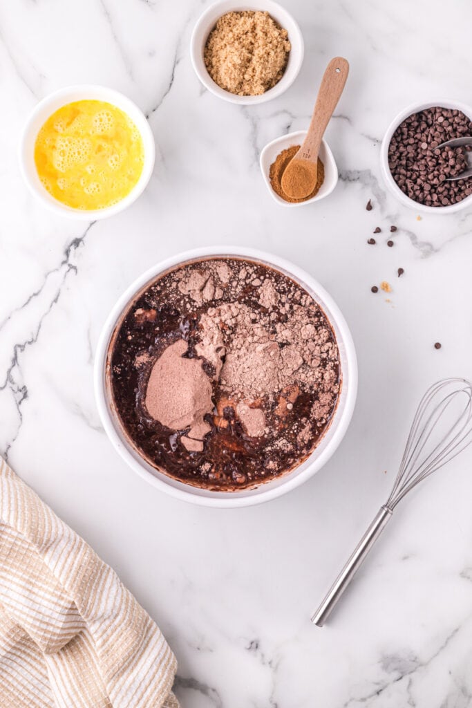 hocolate cake mix, pudding, eggs, and water combined in a mixing bowl