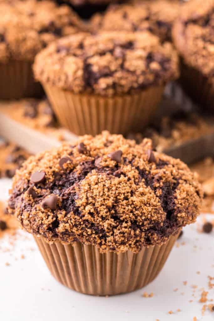 Chocolate Streusel Muffin topped with a crunchy chocolate chip streusel