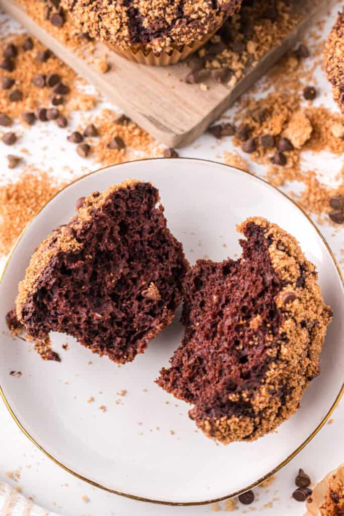 Inside of a Chocolate Streusel Muffin showing its soft, moist crumb