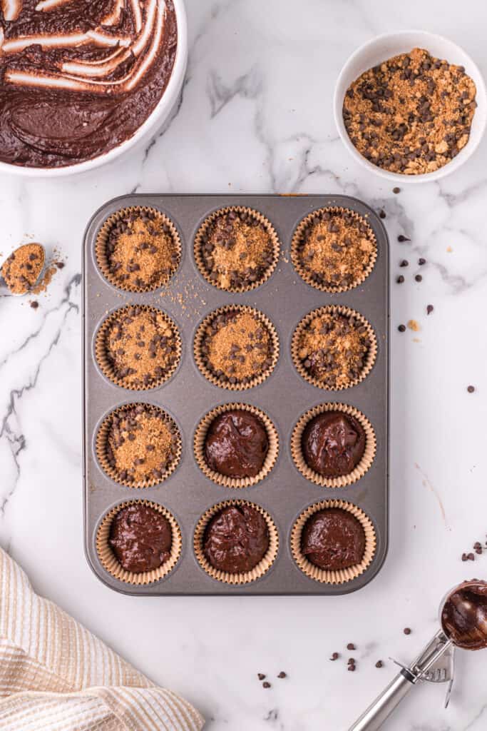 Chocolate streusel topping sprinkled over muffin batter before baking