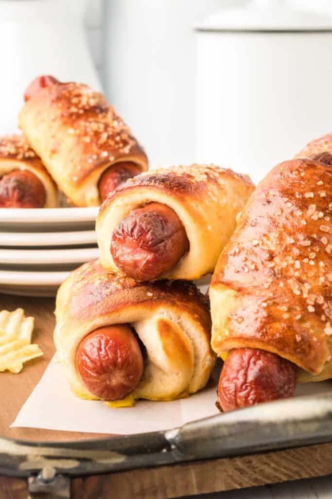 pretzel dogs on platter ready for game day
