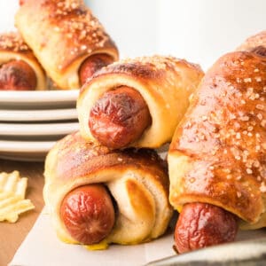 closeup of pretzel dogs