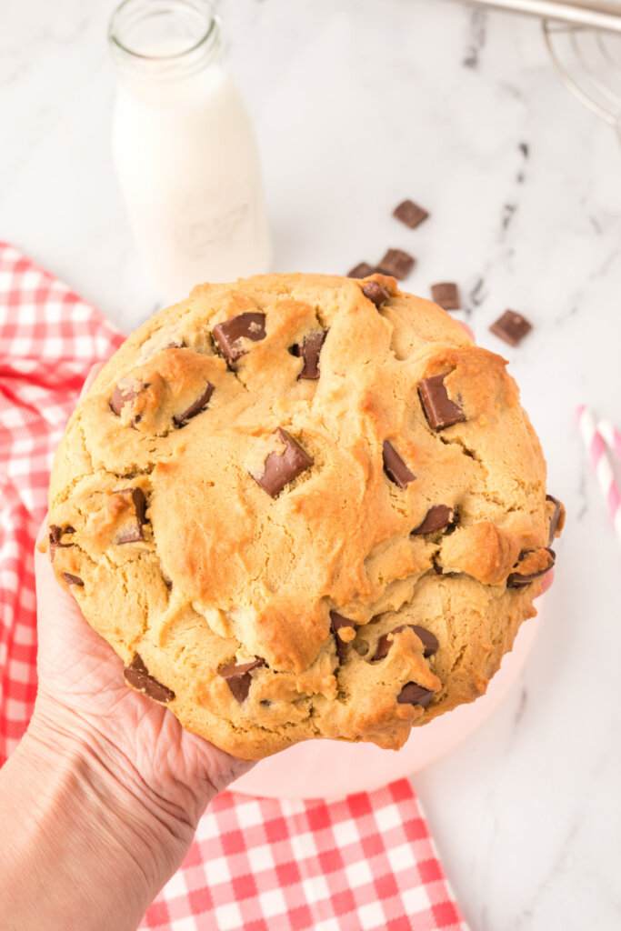 hand holding giant peanut butter cookie