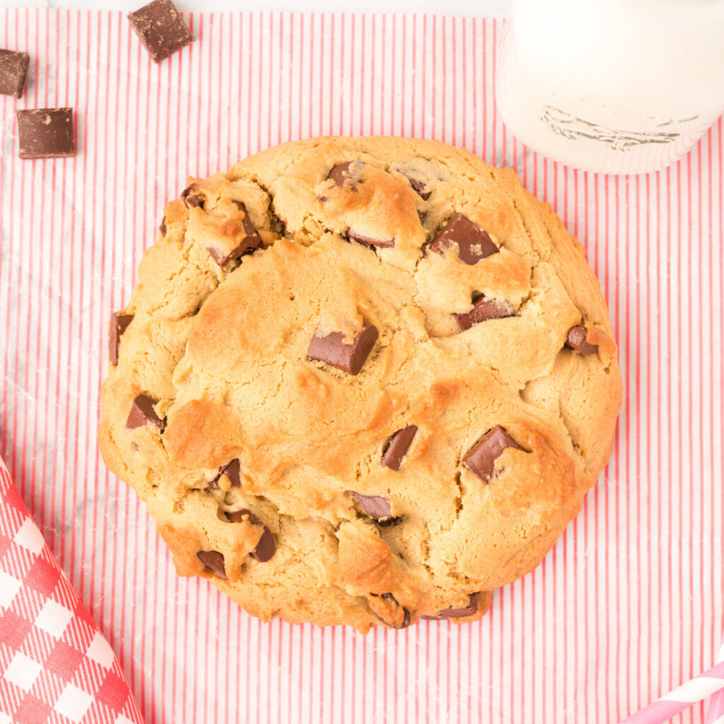 looking down onto a giant peanut butter cookie with chocolate chunks