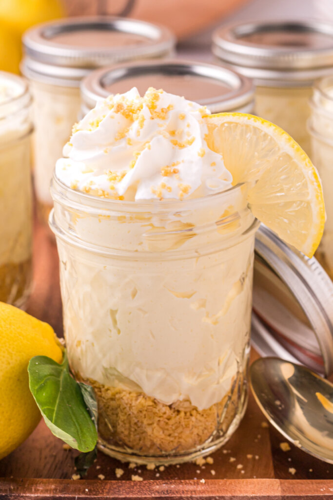 closeup of no bake lemon cheesecake jars