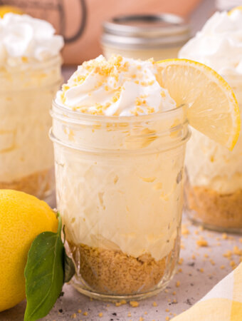 jar filled with no bake lemon cheesecake