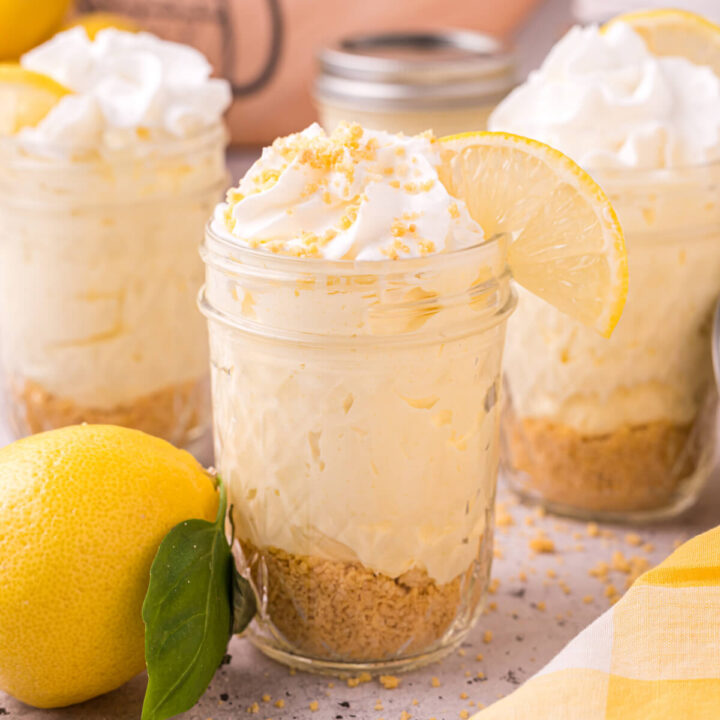 jar filled with no bake lemon cheesecake