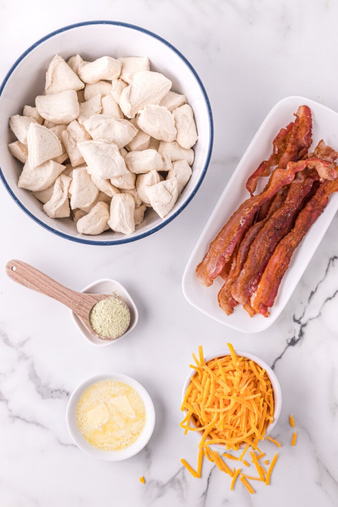 ingredients to make cheddar bacon ranch pull apart rolls