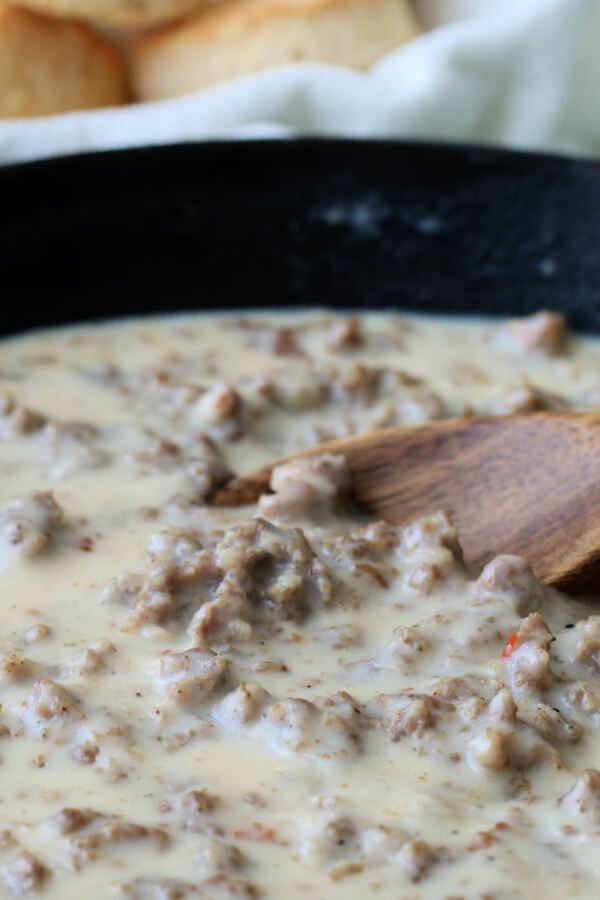 southern sausage gravy in cast iron skillet