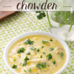 Chicken and Corn Chowder in a white bowl.