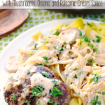 Italian Beef Patties with Mushrooms, Onions, and Balsamic Cream Sauce on a white plate.