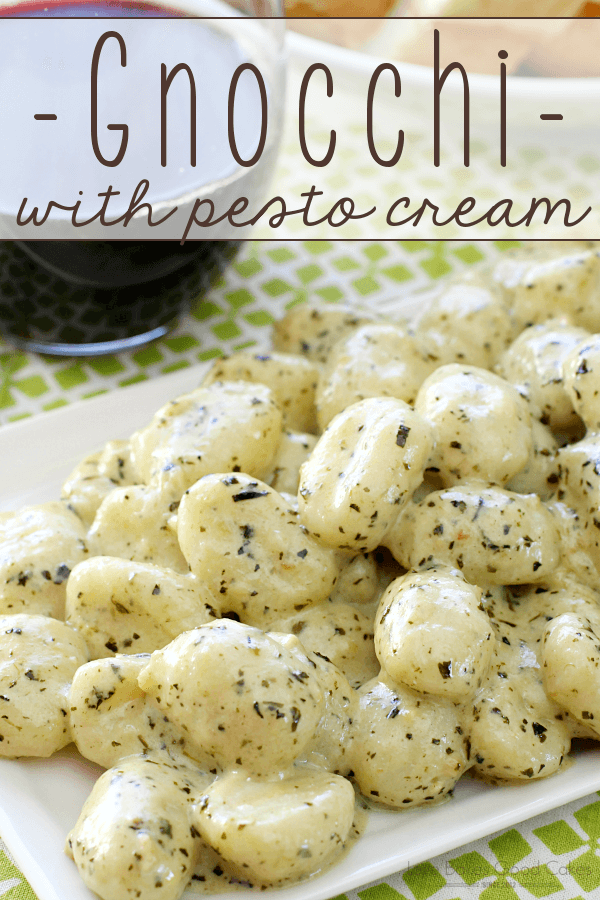 Gnocchi with Pesto Cream piled up on a plate.