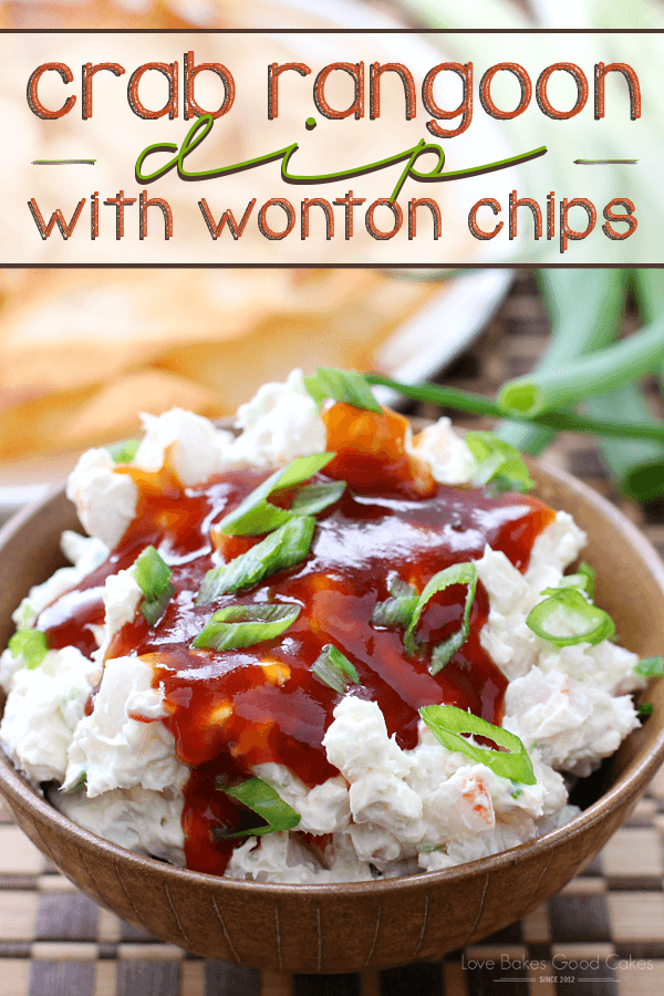 Crab Rangoon Dip with Wonton Chips in a brown bowl.