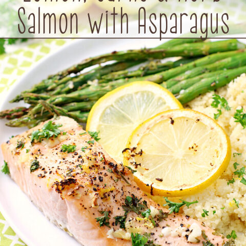 Sheet Pan Lemon, Garlic & Herb Salmon with Asparagus on a plate.