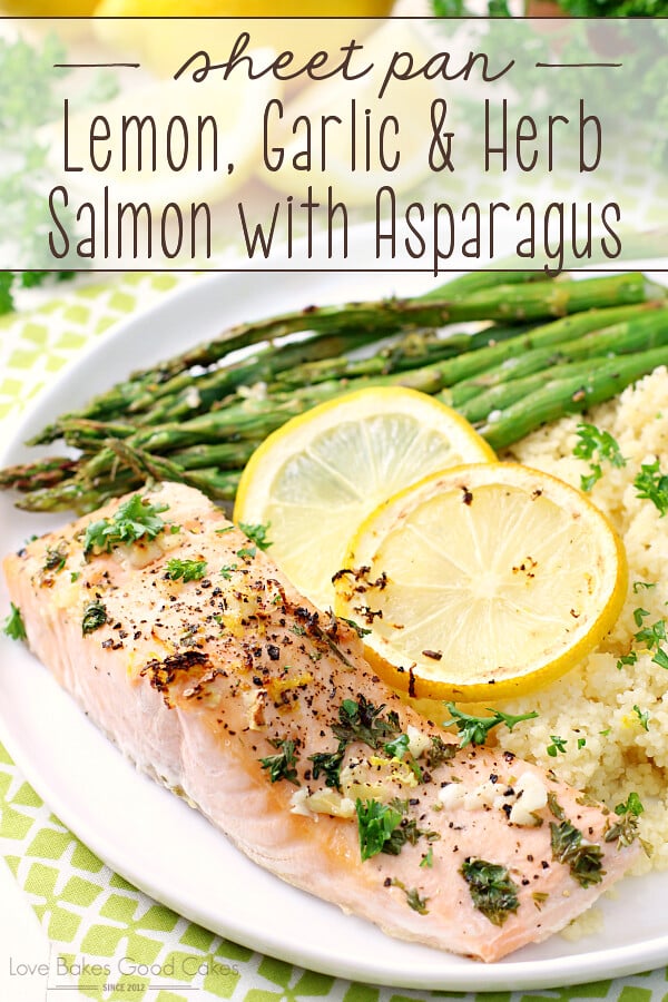 Sheet Pan Lemon, Garlic & Herb Salmon with Asparagus on a plate.