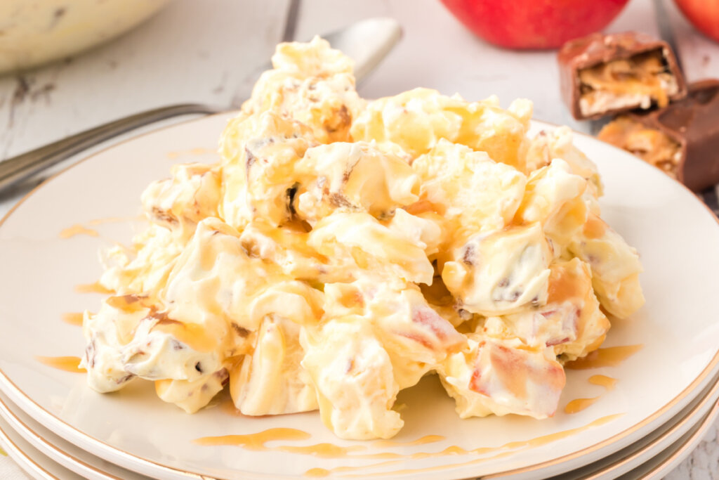 caramel apple snickers salad on plate