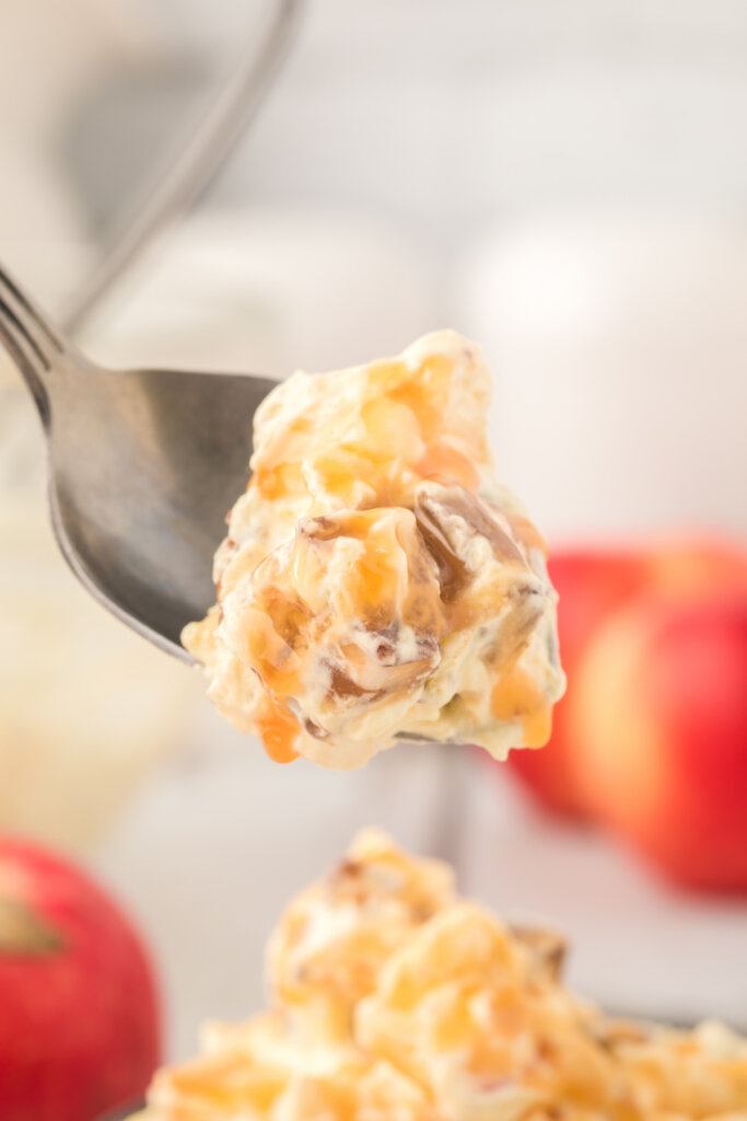 caramel apple snickers salad on fork