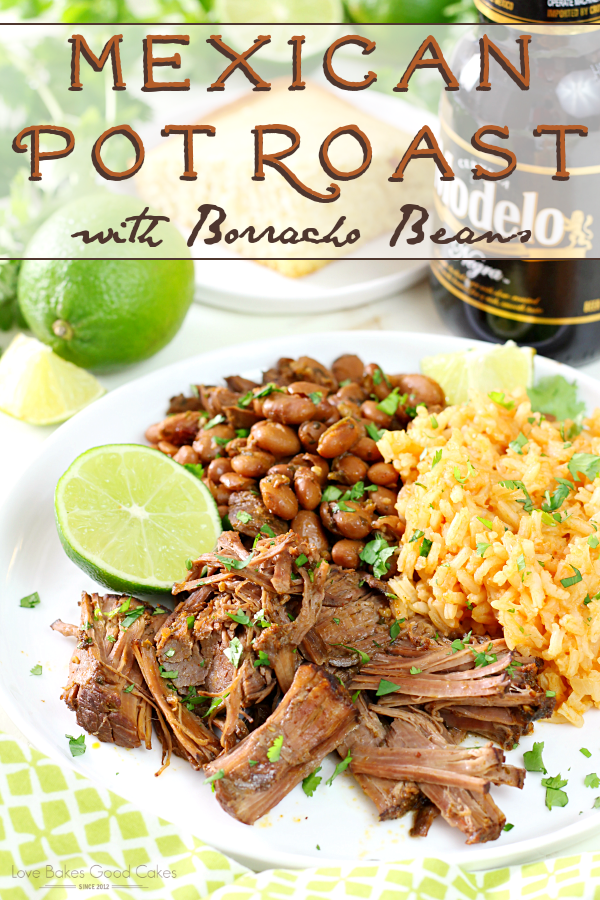 Mexican Pot Roast with Borracho Beans and Mexican rice on a plate with a lime.