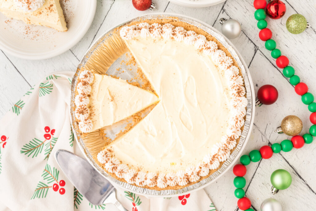 looking down onto a ful pie with slice cut