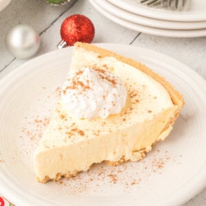 slice of eggnog pie on white plate