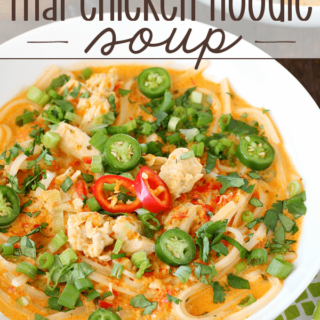 Spicy Thai Chicken Noodle Soup in a white bowl.