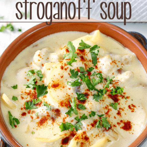 Sausage Stroganoff Soup in a brown bowl.