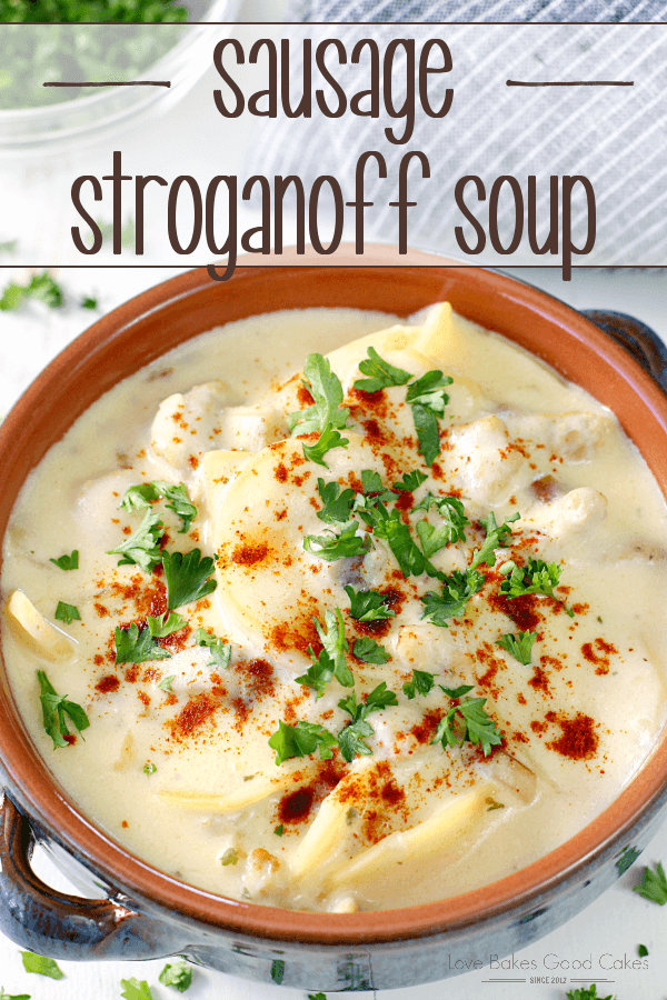 Sausage Stroganoff Soup in a brown bowl.