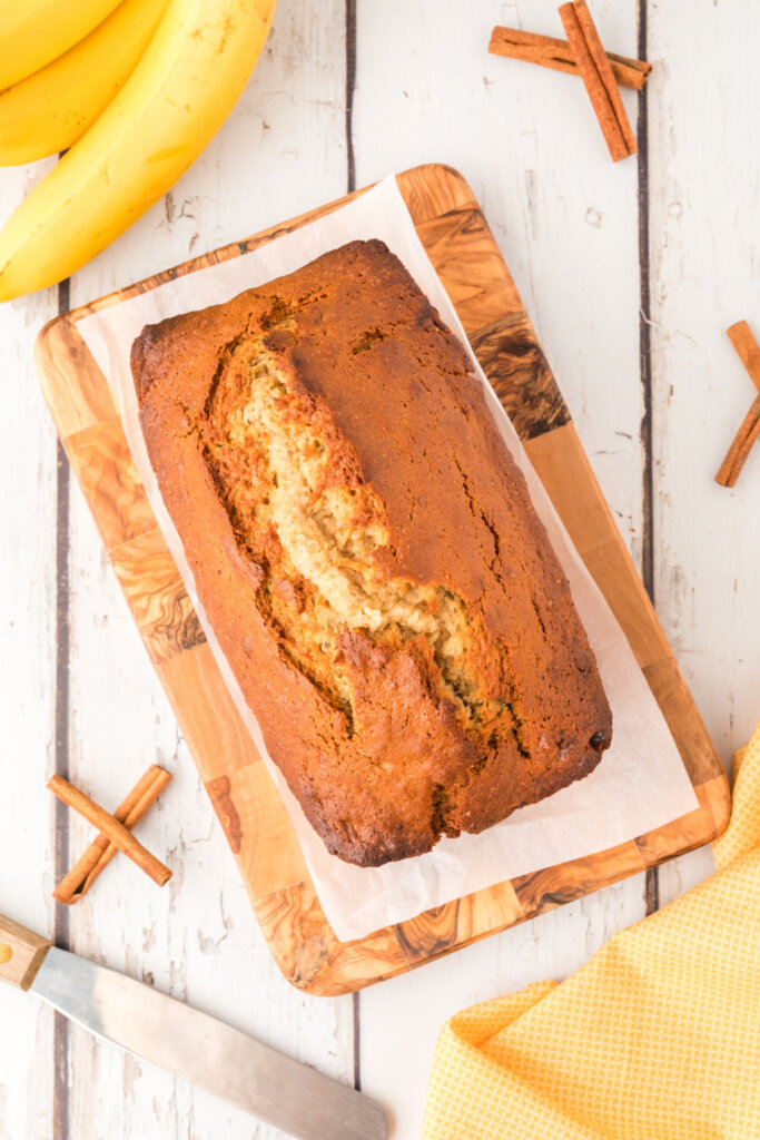 looking down onto a loaf of banana bread