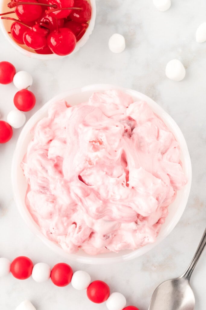 looking down into a bowl of pink fluff