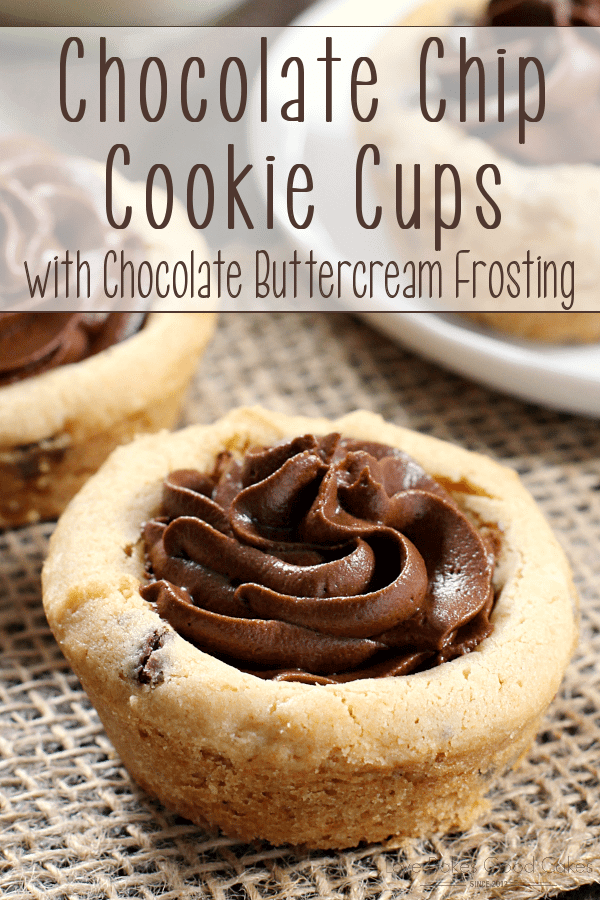 Chocolate Chip Cookie Cups with Chocolate Buttercream Frosting laying on a place mat.