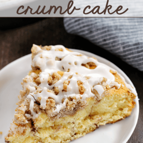 Cinnamon Roll Crumb Cake on a white plate.