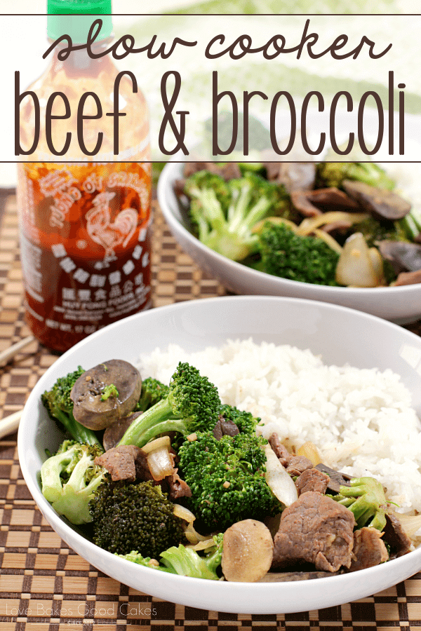 Slow Cooker Beef & Broccoli on white plates with rice.