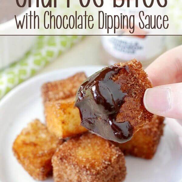 Churros Bites with Chocolate Dipping Sauce on a white plate.