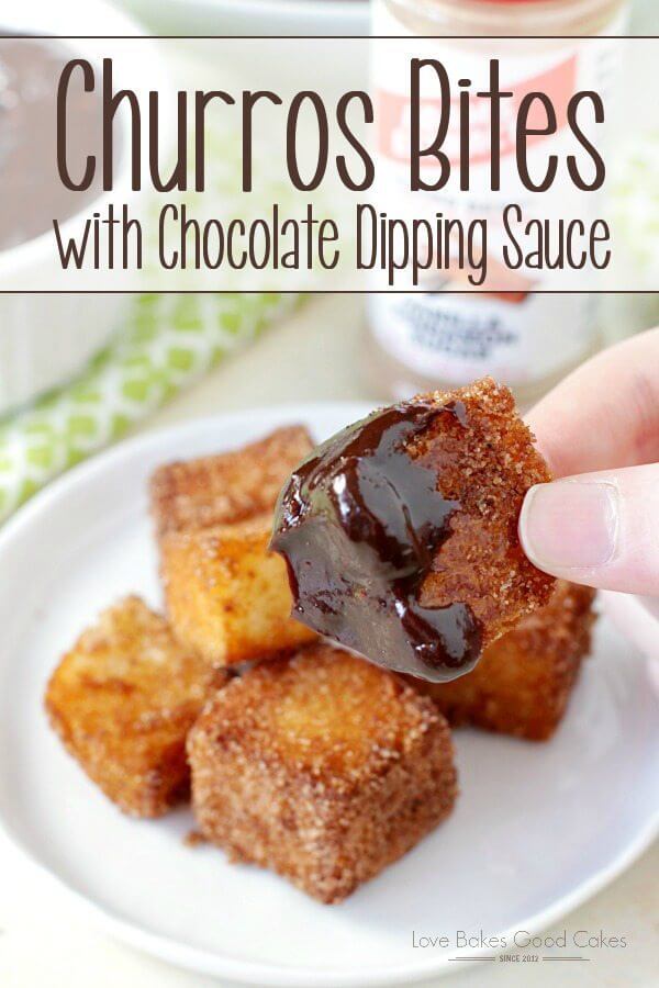 Churros Bites with Chocolate Dipping Sauce on a white plate.