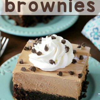 French Silk Pie Brownies on blue plates with chocolate chips.