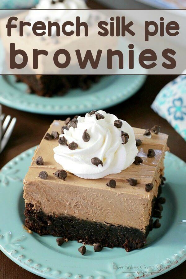 French Silk Pie Brownies on blue plates with chocolate chips.